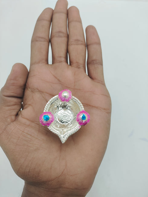Pure Silver Fancy Diya With Pink Flowers 19.72g
